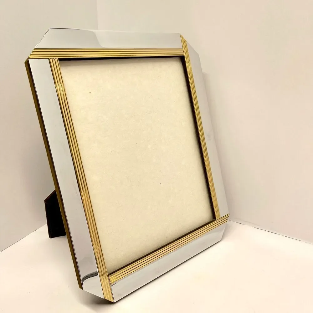 Art Deco Style Chrome & Gold Ribbed 8x10 Picture Frame Heavy Tabletop-Vintage